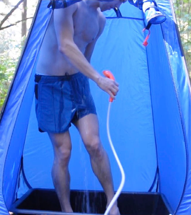 Outdoor shower tent with 12v pump